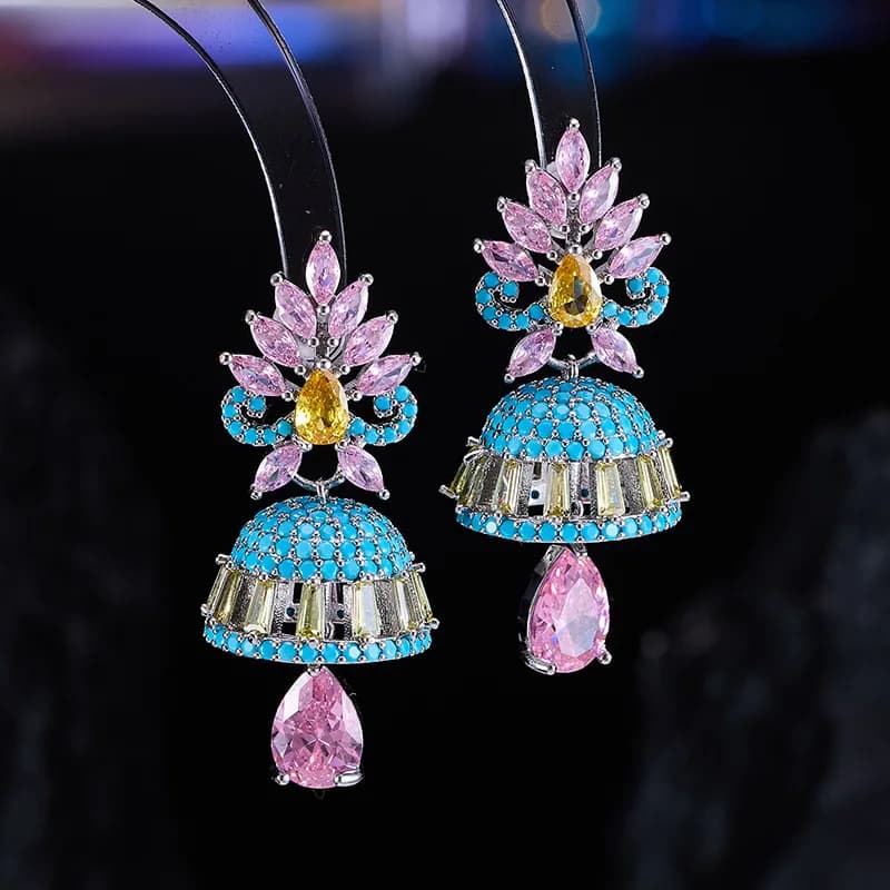 Orecchini Etnici di Lusso con Zirconia Cubica Colorata, Pendenti a Campana Bohemien Esagerati, Gioielli a Goccia per Donna, Accessorio