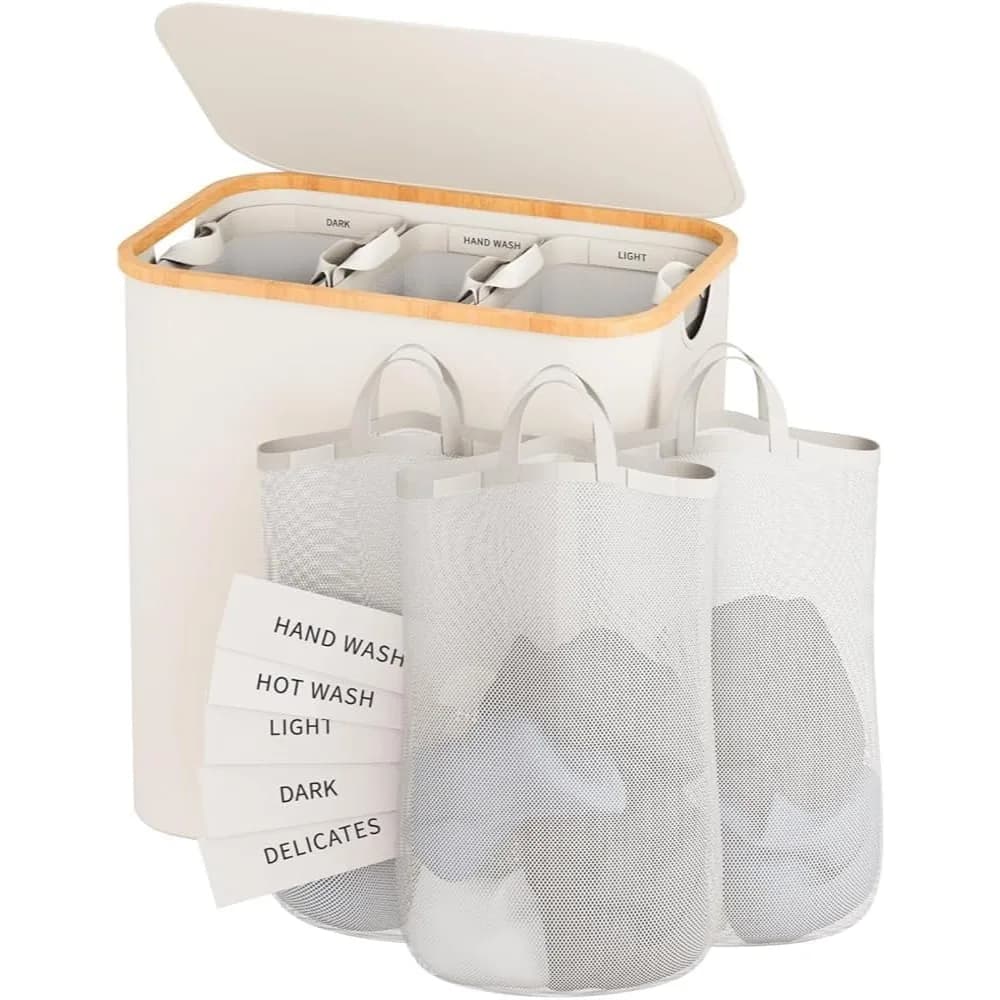 Cesto per Bucato a 3 Scomparti con Coperchio, Cesto Extra Large da 145L con Sacchi Interni Rimovibili ed Etichette per Camera da Letto