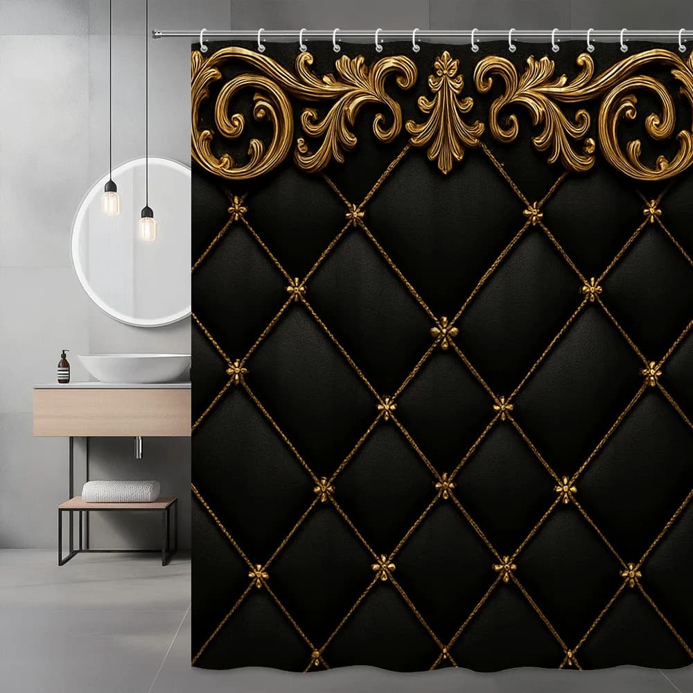 Tenda da doccia di lusso in nero e oro con motivo ricamato reale, effetto in velluto, elegante arredamento per il bagno, impermeabile, migliora il tuo spazio