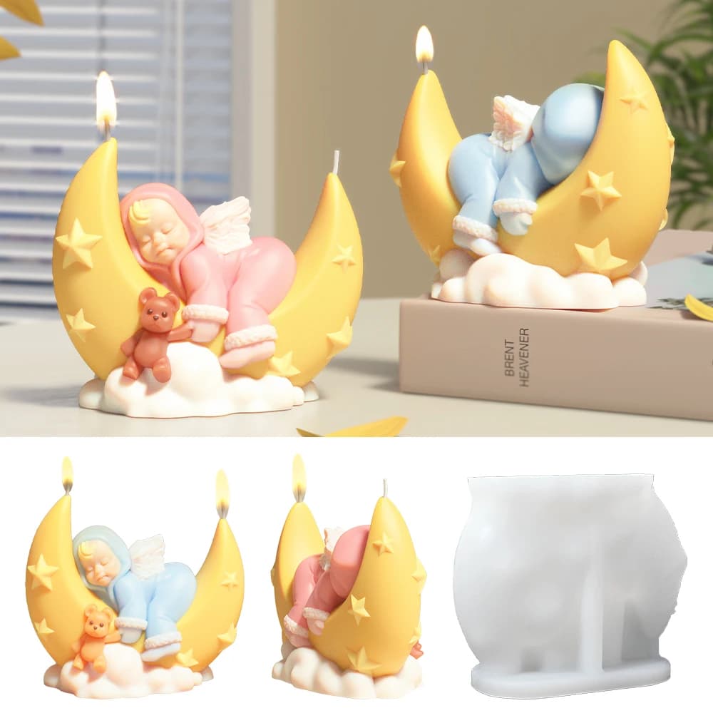 LZ085 3D carino luna angelo candela stampo in silicone fai da te luna che dorme bambino aromaterapia stampi per ornamenti in gesso