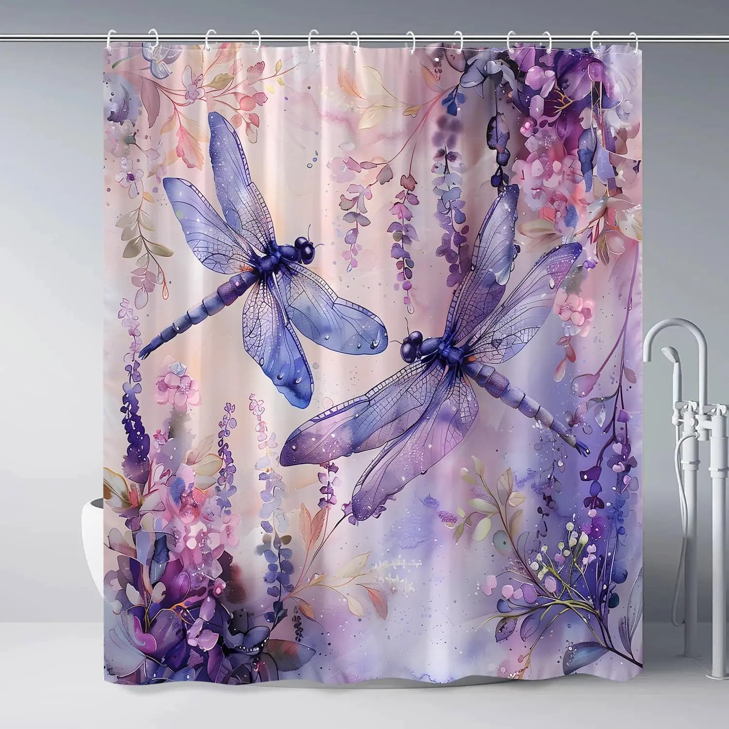 Tenda da doccia libellula rustica fattoria acquerello floreale primavera fiori viola divertente set di tende per decorazioni per il bagno in poliestere