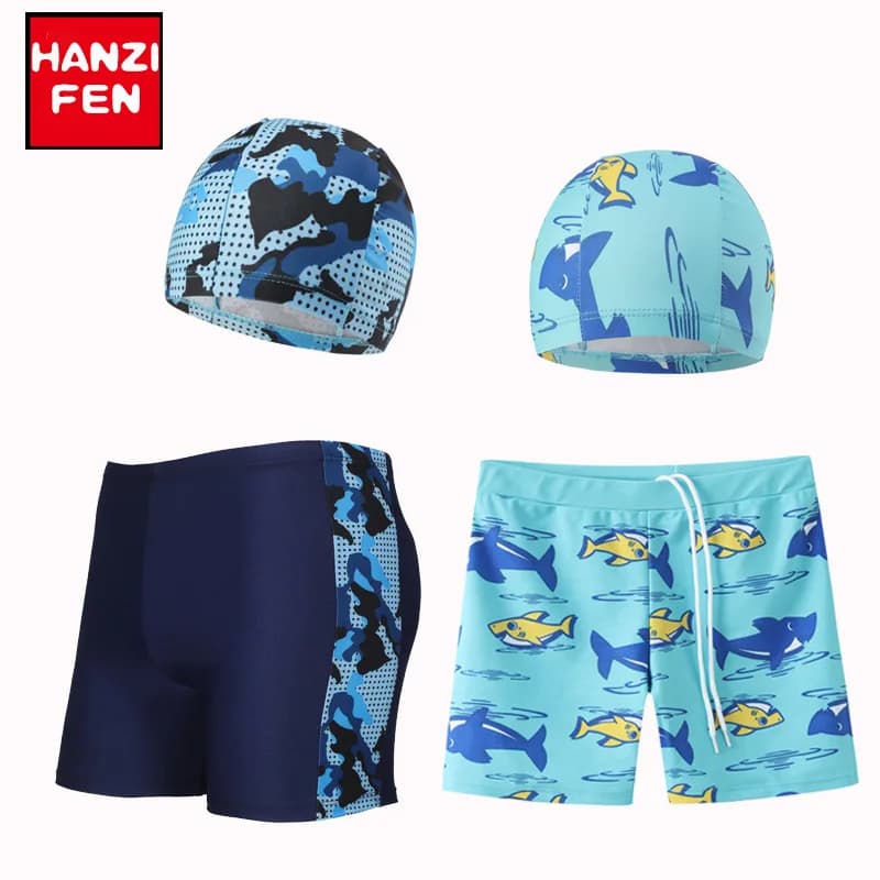 Set di costumi da bagno e cappellini da nuoto per ragazzi: costumi da bagno stile boxer con coulisse e stampa a cartoni animati per ragazzi - Costumi da bagno per bambini