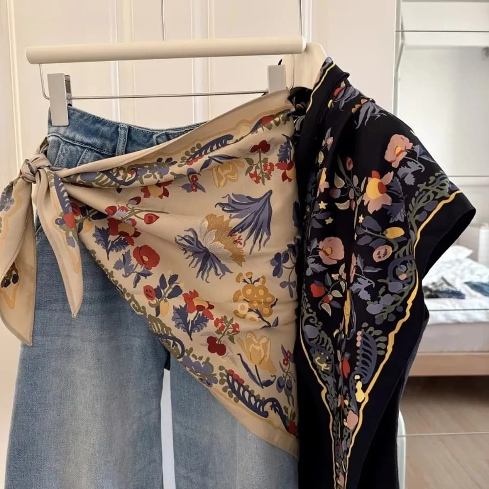 Elegante Sciarpa Triangolare Floreale Multifunzionale, Abbinabile a Pantaloni, Cintura Decorativa in Seta Satinata, Foulard Estivo