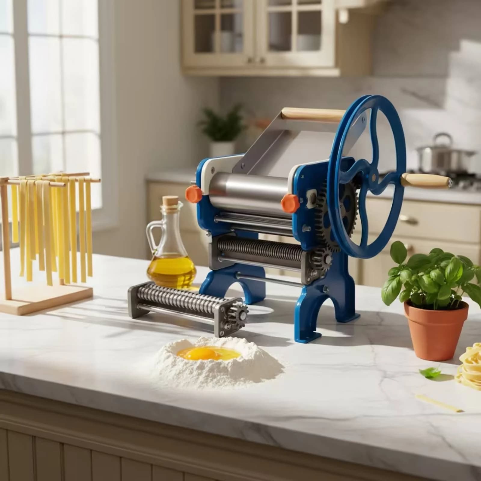 Hand Crank Noodle Machine Blue-Painted Noodle Roller Cutter Dumpling Wrapper Maker Adjustable Thickness Pasta Roller Cutter