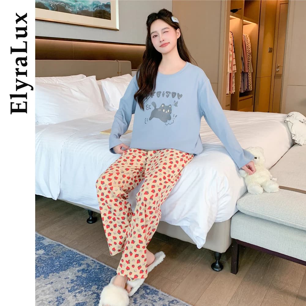 ElyraLux Women's Cotton Pijama Long Sleeved Pants Set Comfortable Home Clothing Breathable Fabric Autumn Spring Nightwear