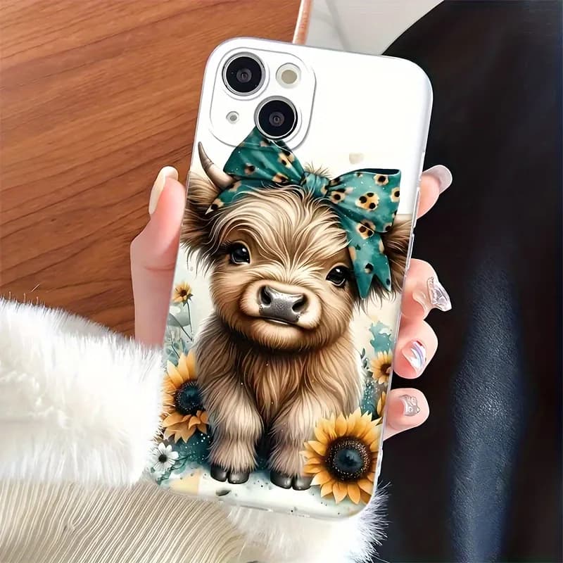 Custodia per telefono Highland Cow Sunflower, antigoccia con protezione per obiettivo per iPhone 11/12/13/14/15/16 17Pro Max/Plus