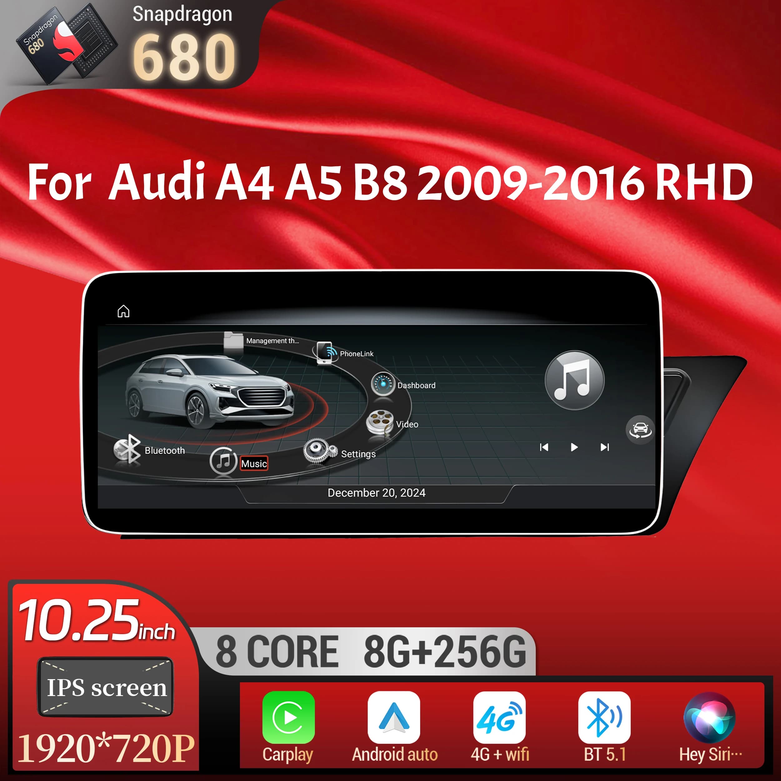 Autoradio Android 14 da 10,25 Pollici per Audi A4 A5 B8 2009-2016, Guida a Destra, BT Wireless, Carplay, Qualcomm Snapdragon 680