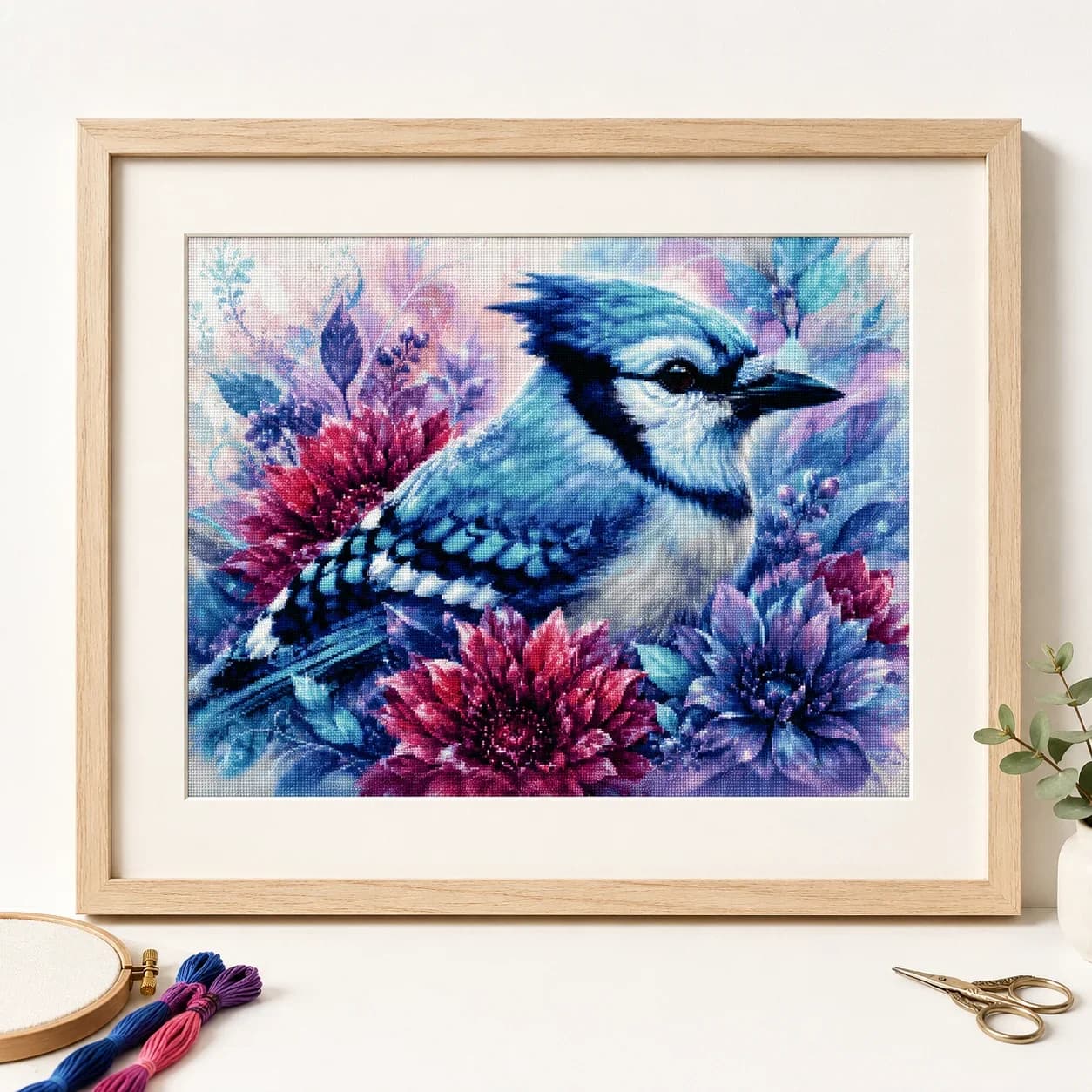 [ZZ8680-Blue Jay] | Beginner DIY Stamped Cross Stitch Kit 11CT 14CT 16CT, Pre-Printed Canvas Cotton Thread Needlework Set, Budge