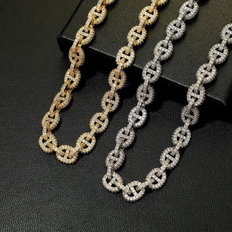 Hip Hop 5A+ CZ Stone Paved Bling Iced Out Pig Nose Coffee Beans Link Chain Necklaces for Men Rapper Jewelry Gold Silver Color