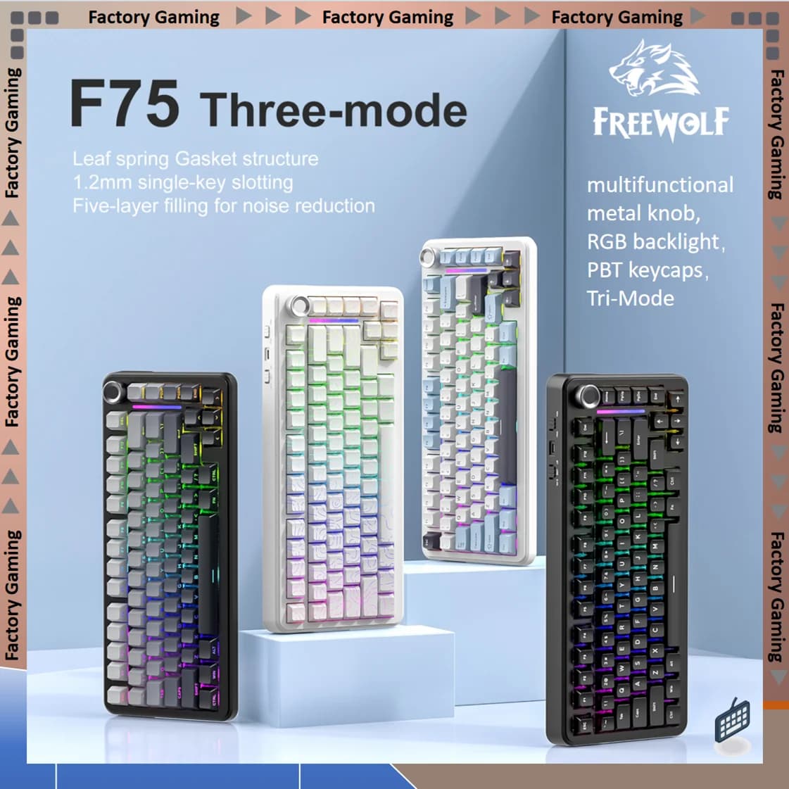 Tastiera meccanica FREEWOLF F75 75% con imbottitura a cinque strati per la riduzione del rumore, Tri-Mode, manopola multifunzione in metallo, retroilluminazione RGB