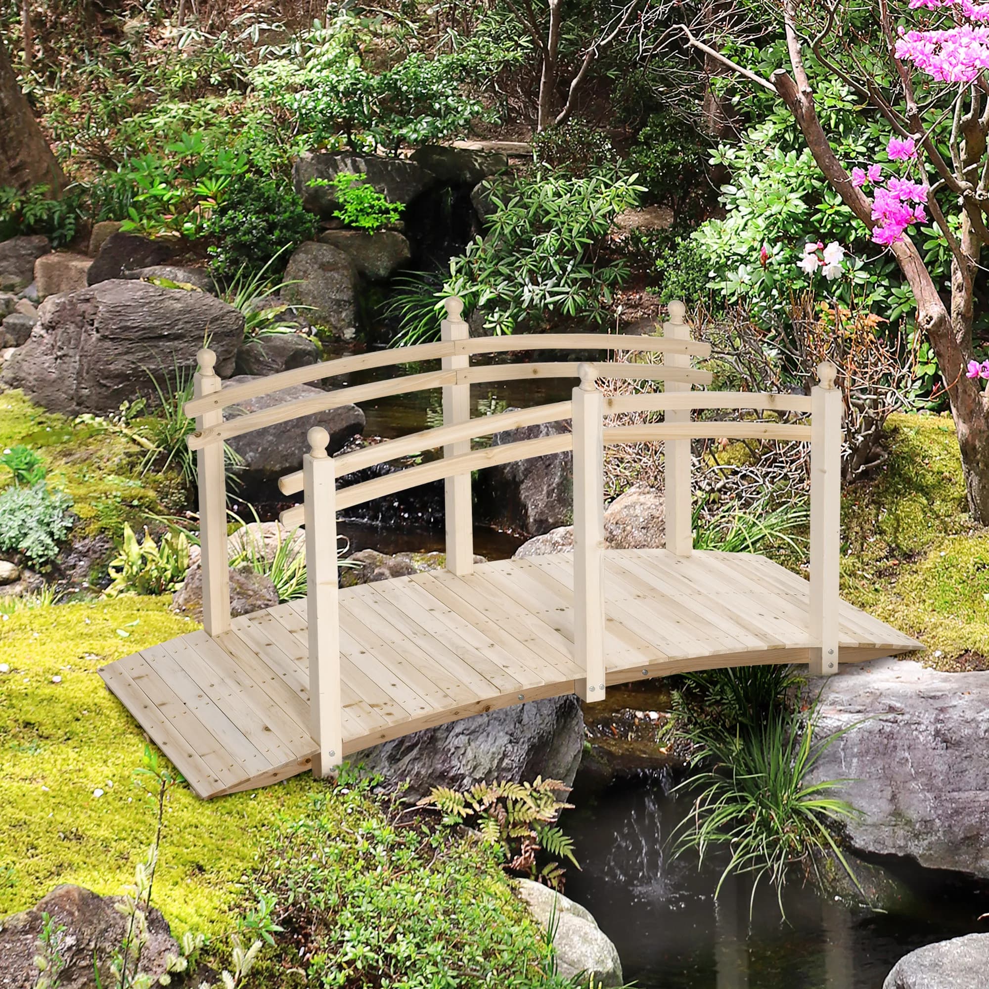 Ponte ad Arco in Legno da Esterno da 2,3 m con Ringhiere di Sicurezza, in Legno di Abete Naturale Verniciato per Giardini, Laghetti, Fiumi e Terrazze