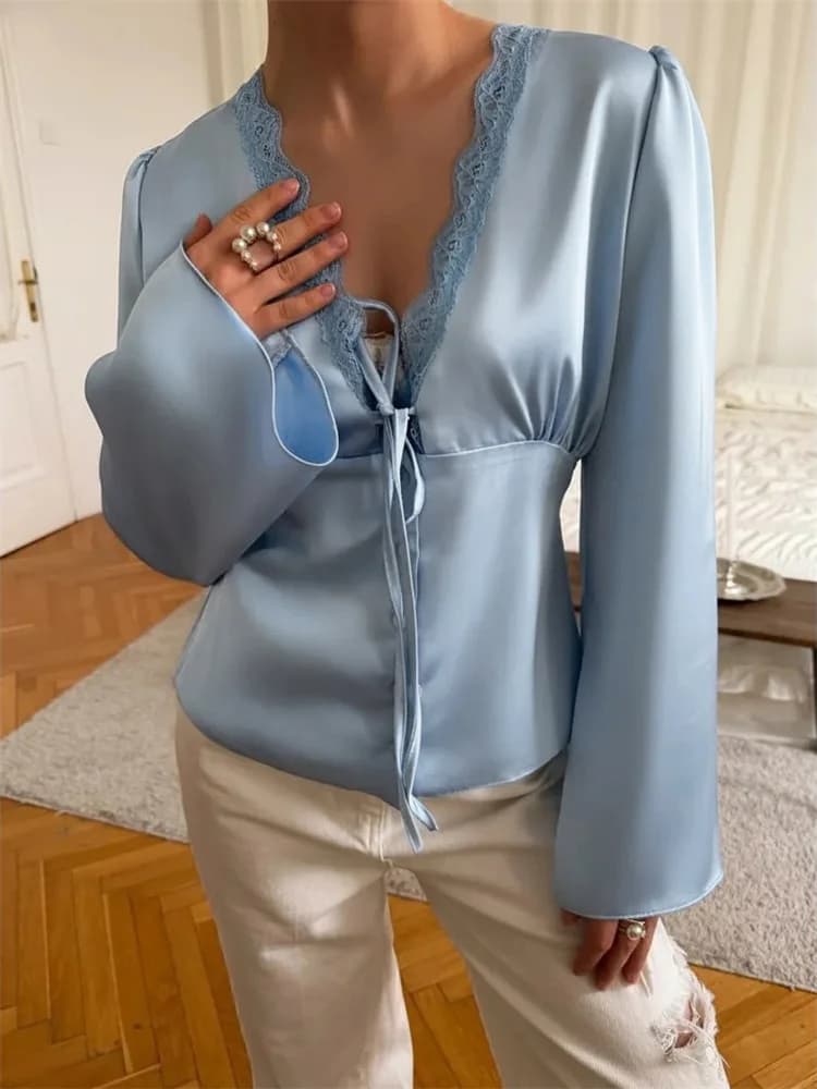Lace Satin Lace-Up Vest Top Women Patchwork Fashion Long Sleeve Commute Loose Summer Tank Top Female Bandage V-Neck Top 2026 New