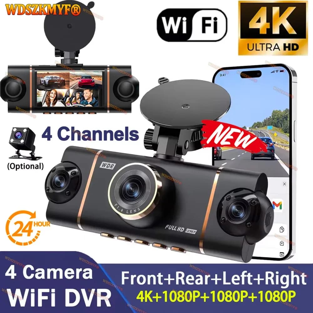 Nuova Dash Cam per Auto 4CH UHD 4K 1080P con Visione a 360 Gradi ° Registratore Video WiFi con App, Vista Anteriore e Posteriore, Visione Notturna, Scatola Nera 4K