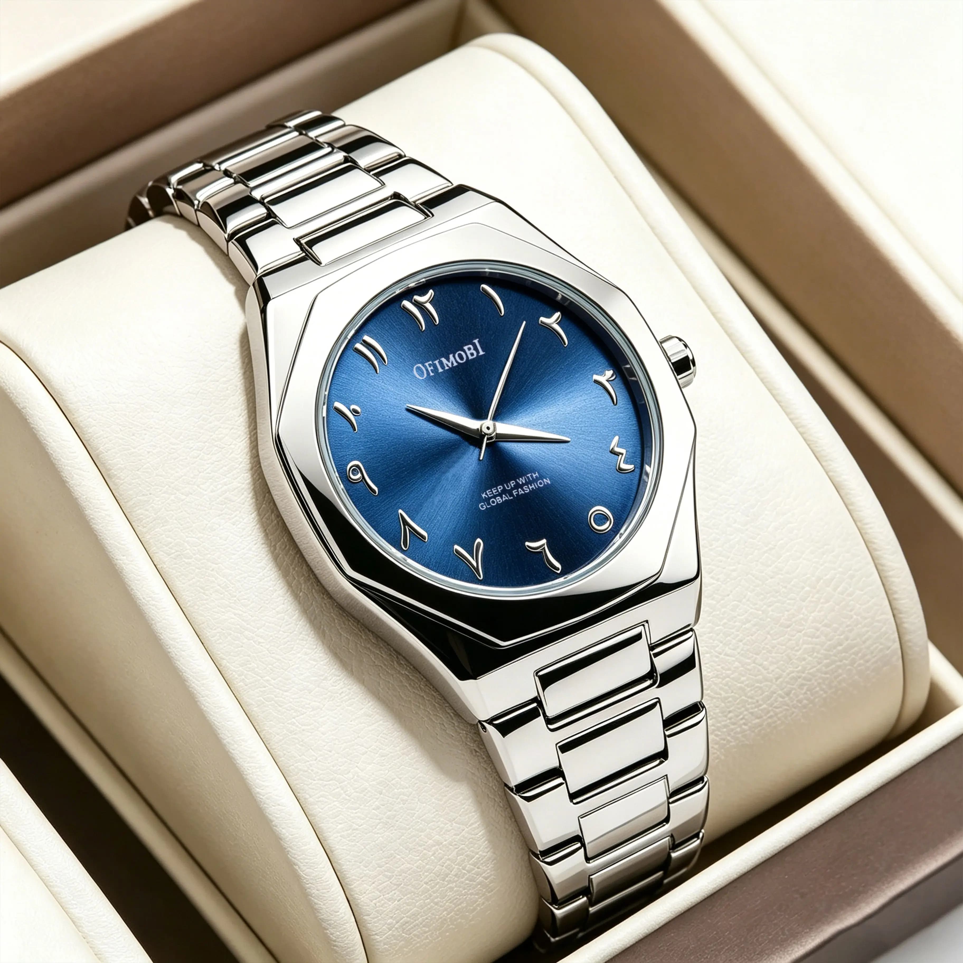 OFIMOBI Orologio da Polso Ottagonale da Uomo al Quarzo, Quadrante Premium con Numeri Arabi Effetto Sunburst, Cinturino in Acciaio, Impermeabile, Casual, Relogio