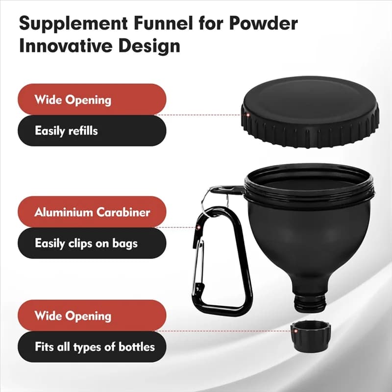 HLZS-Travel connector for powdered protein, 4 pack, portable with funnel and carabiner, reinforced caps included