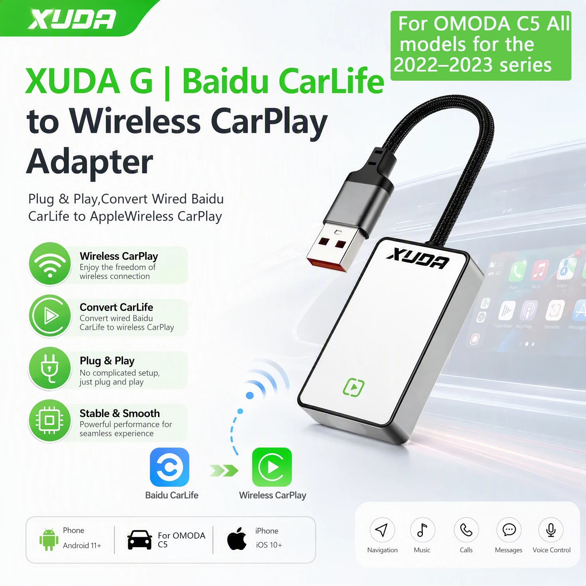 XUDA Smart Box For OMODA C5,wired to wireless,BT and Wi-Fi,navigation,music,Calls,plug and play.Apple CarPlay and Android Auto.