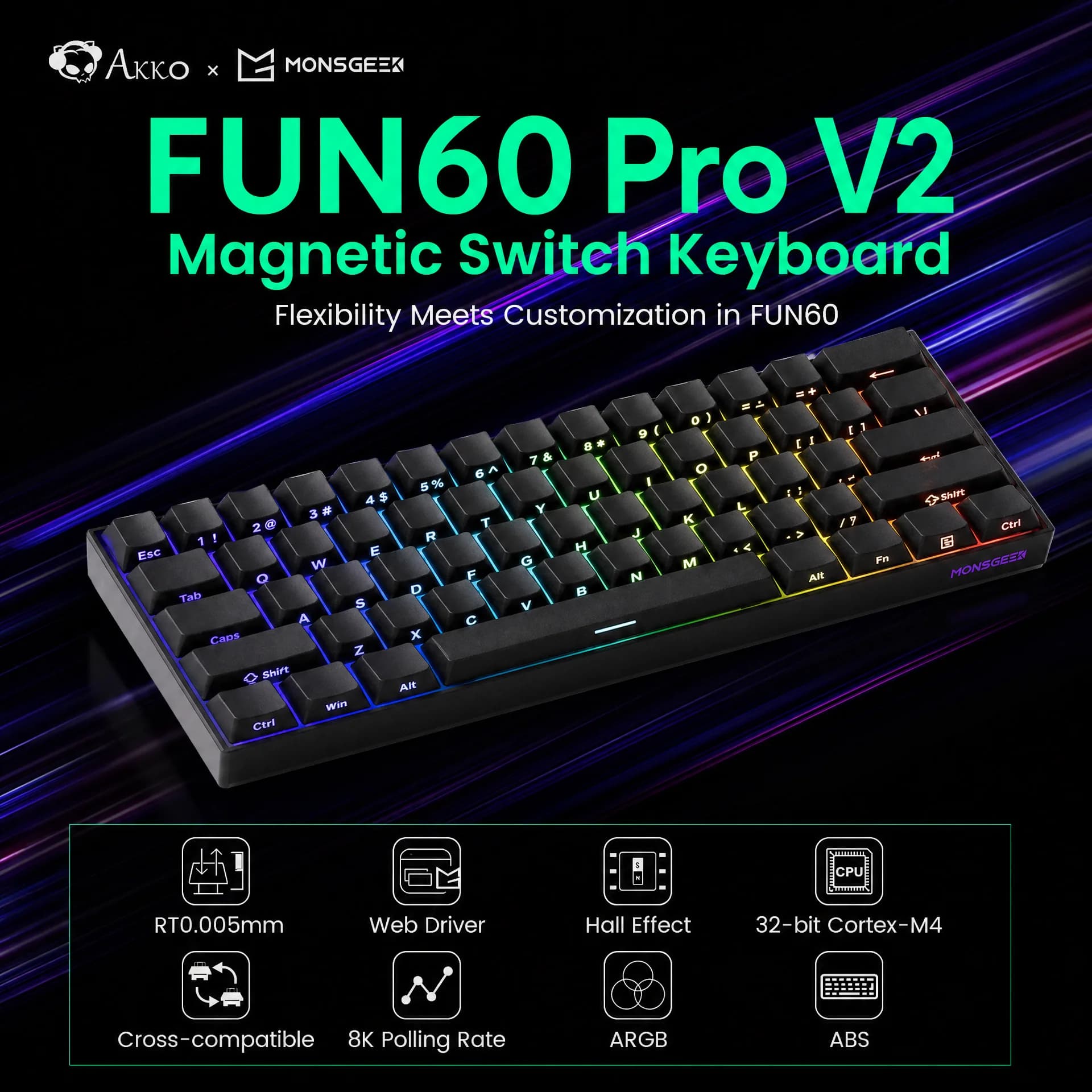 Akko MonsGeek FUN60 PRO V2 HE Magnetic Switch Keyboard 60% Gaming Keyboard Rapid Trigger 0.005mm 8K Wired Machanical Keyboard
