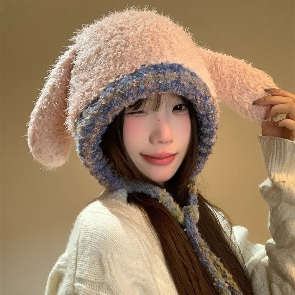 Cute Rabbit Ears Knitted Beanie Thickened Windproof Ear Protection Cap Coldproof Big Head Circumference Hat Women Girl