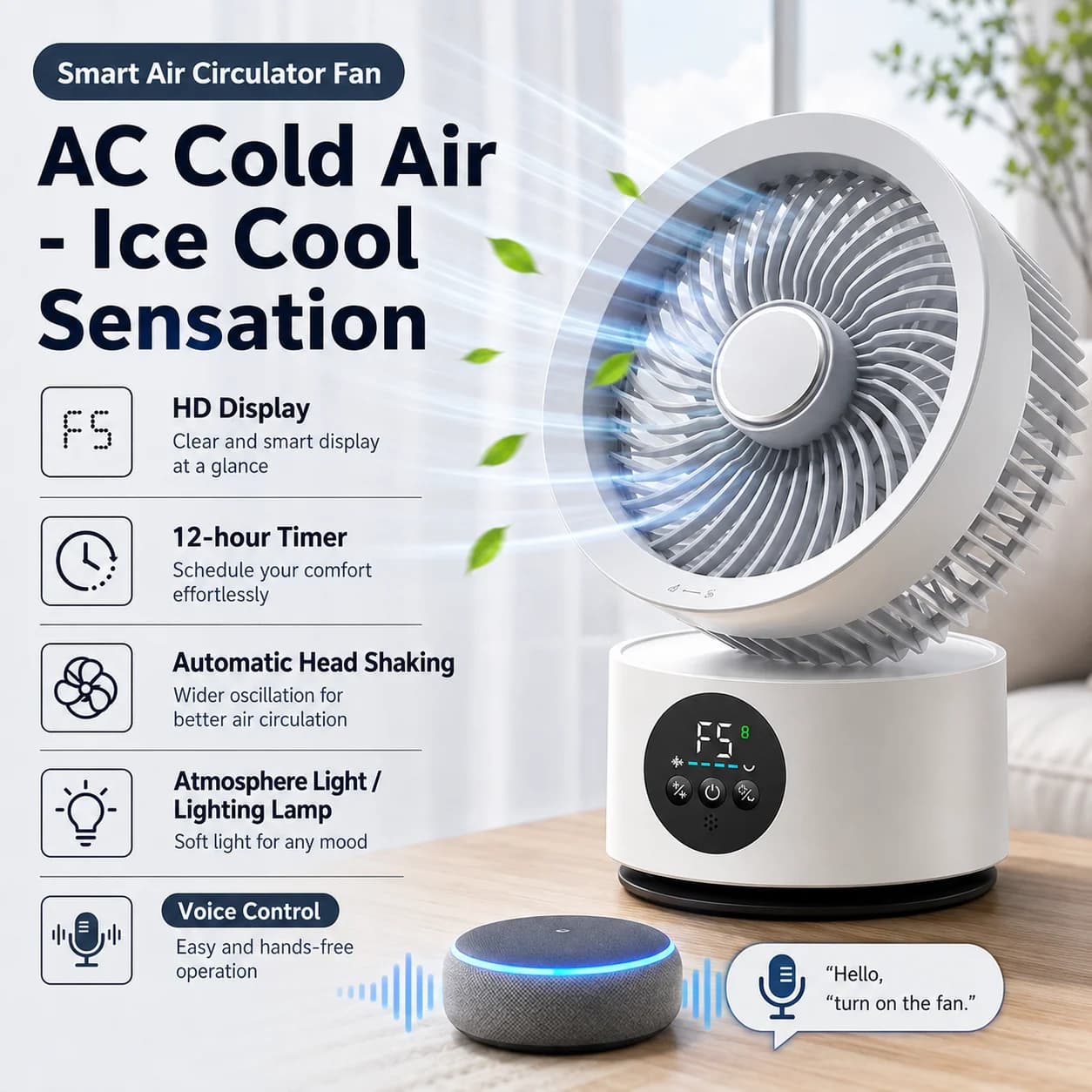 HOMEFISH Portable Cooling Fan Rechargeable Plug-in Wall Mounted Foldable Rotating Fan Built-in Night Light Household Air Fan