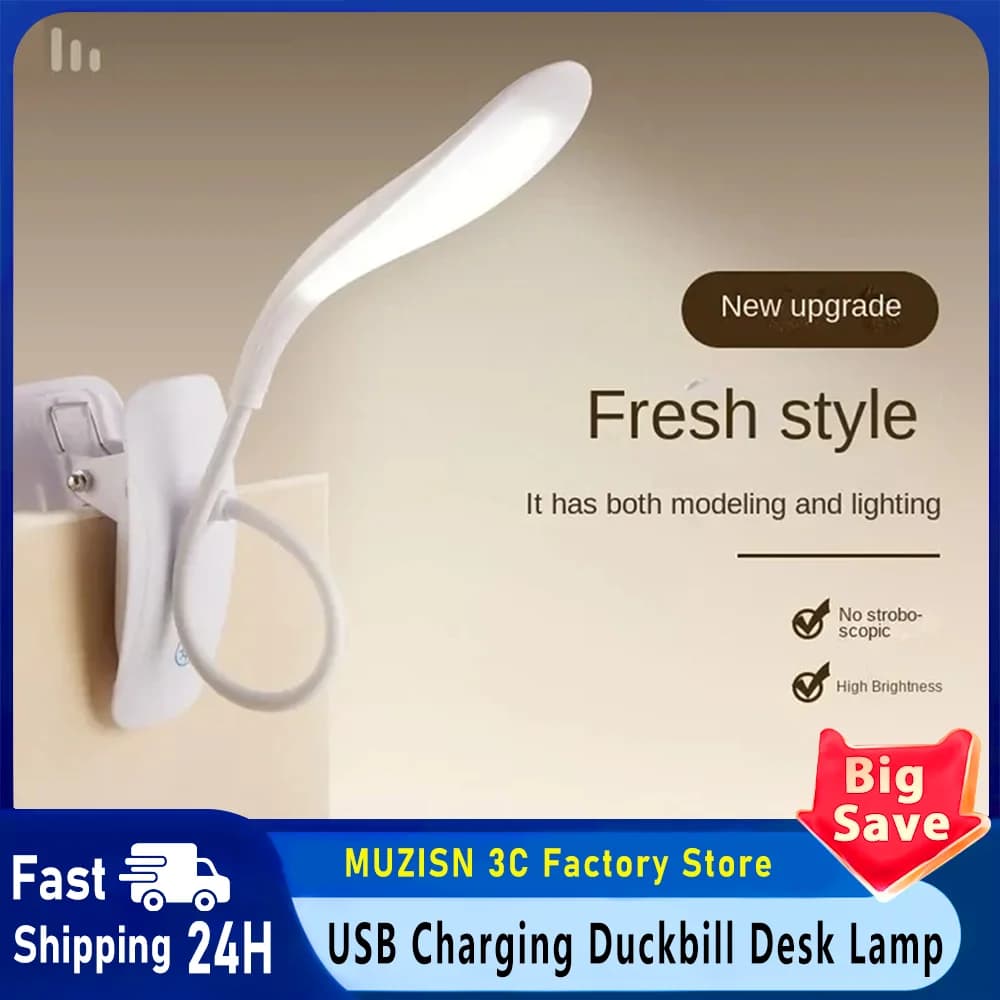 Lampada da scrivania a becco d'anatra con ricarica USB Tre livelli Touch Dimming Camera da letto Comodino LED Protezione per gli occhi Lampada da scrivania per l'apprendimento Lampada da libro con clip