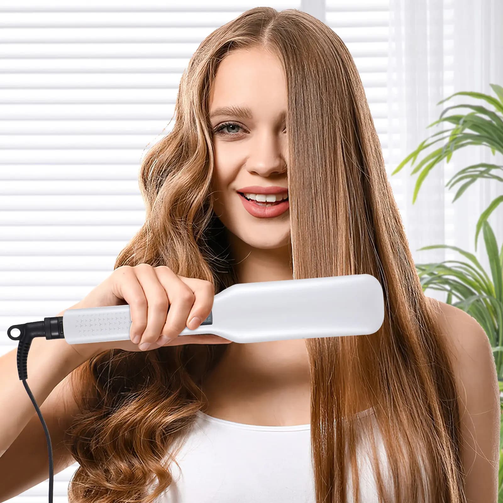Piastra per capelli in ceramica con distribuzione uniforme del calore, styling senza danni per donne e ragazze, spina americana, cavo lungo, affidabile