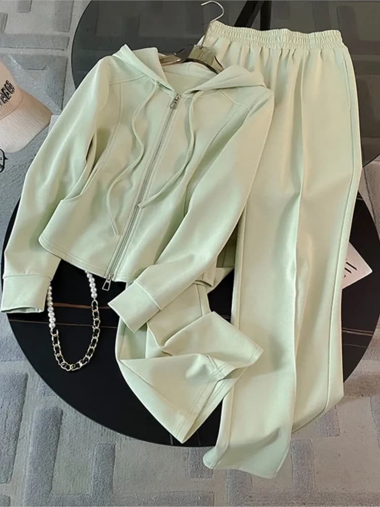 Pantaloni lunghi in tinta unita alla moda Set da due pezzi per donna Cappotti con cappuccio casual Pantaloni a gamba larga Completo da ufficio per donna autunno inverno