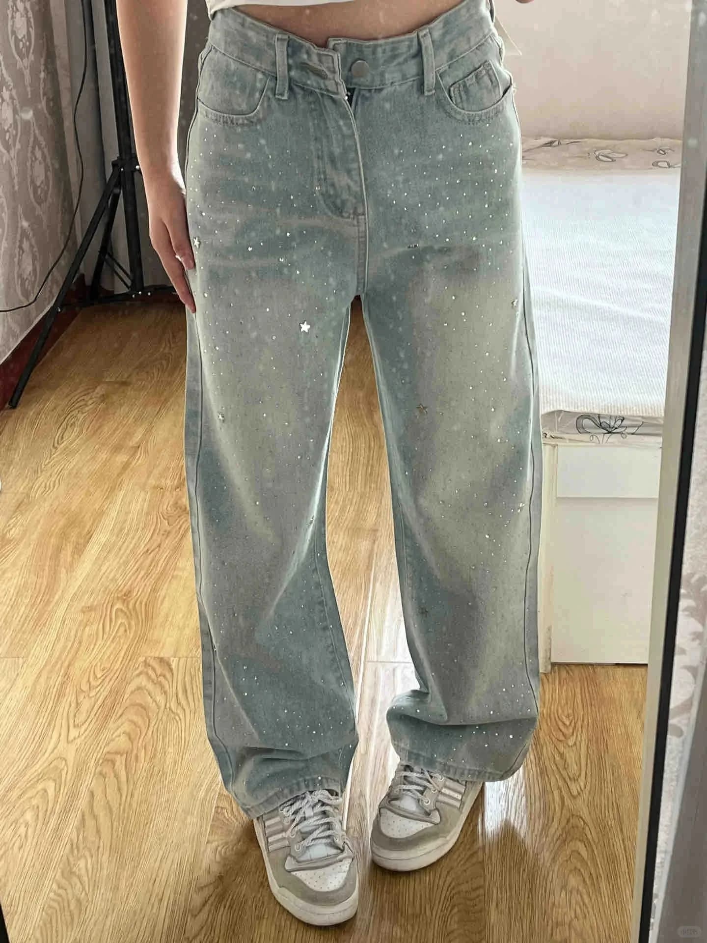 Jeans a vita alta Donna Pantaloni a gamba larga Diamanti Pantaloni in denim impiombati Pantaloni a figura intera Tasche vintage larghe Lavato Inverno 2025