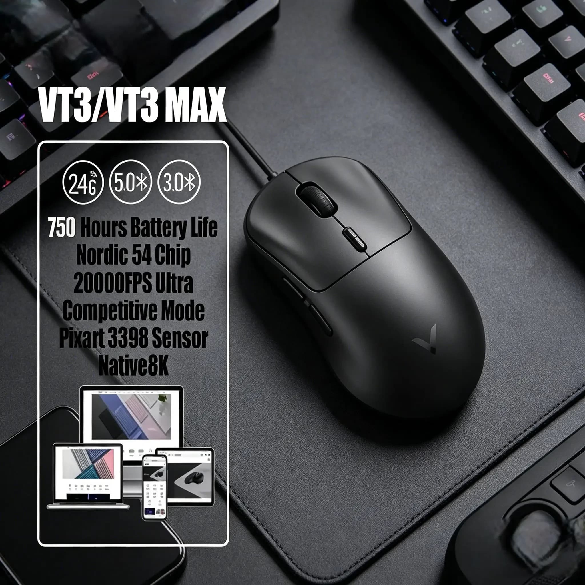 Mouse da Gaming Wireless Rapoo VT3 & VT3 MAX con Frequenza di Aggiornamento Reale 8K, Ultra-Leggero 53g, Batteria a Lunga Durata 750 Ore, Programmabile con Macro