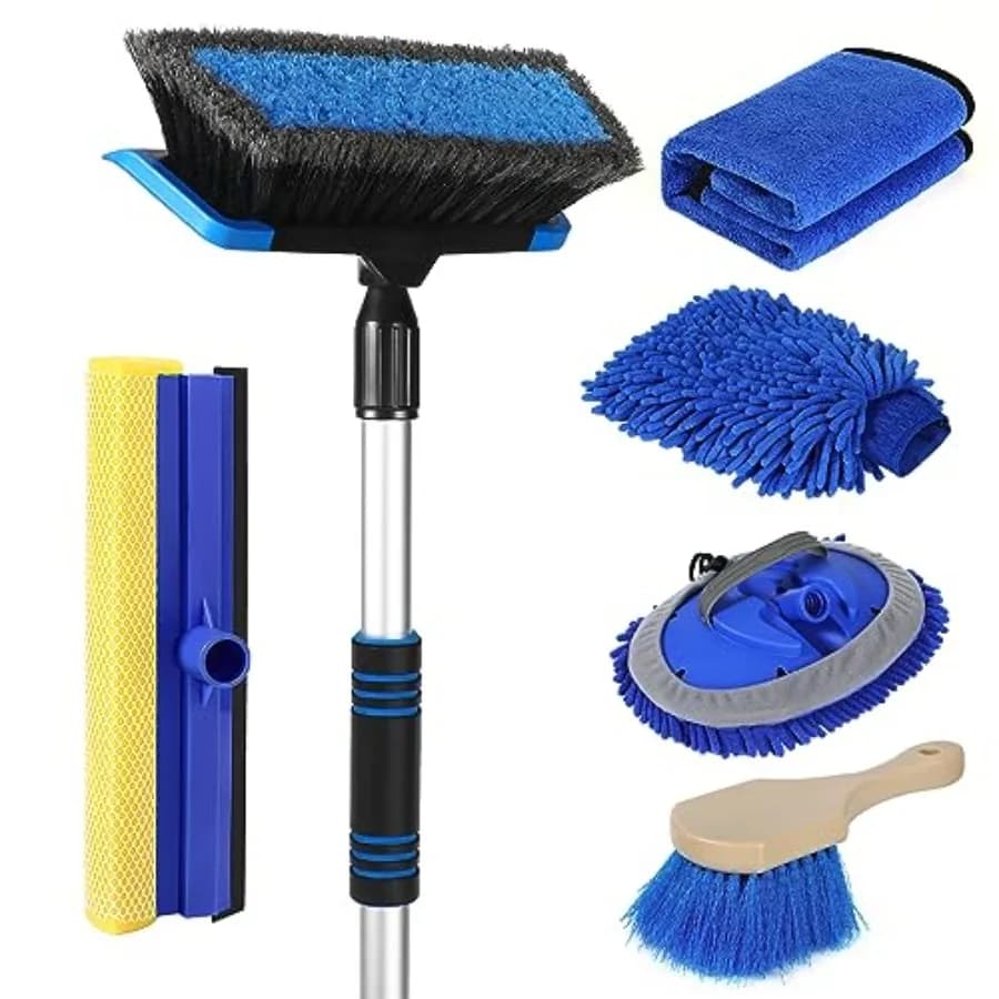 Wontolf Spazzola per Lavaggio Auto da 62'' con Manico Lungo, Setole Morbide Anti-Graffio, Kit Completo per la Pulizia dell'Auto