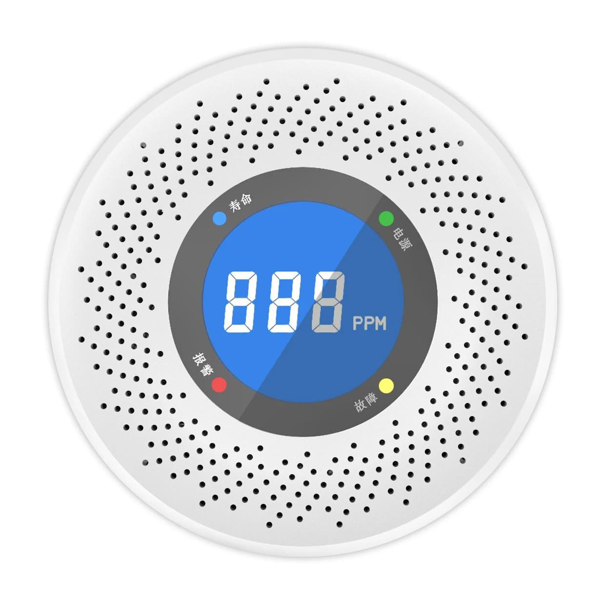 Rilevatore di monossido di carbonio indipendente bianco con display e allarme CO, alimentato a batteria per casa e cucina