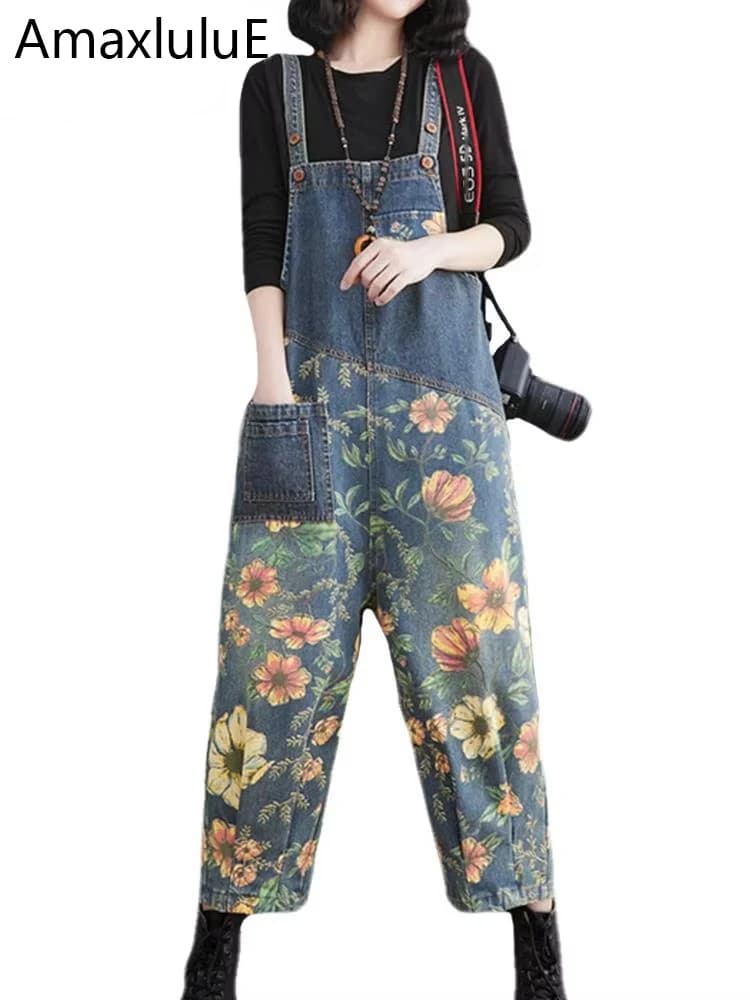 Amax luluE 2024 Salopette moda Donna Primavera Stampato Pantaloni in denim vintage Donna Pantaloni casual classici Patchwork Jeans floreali