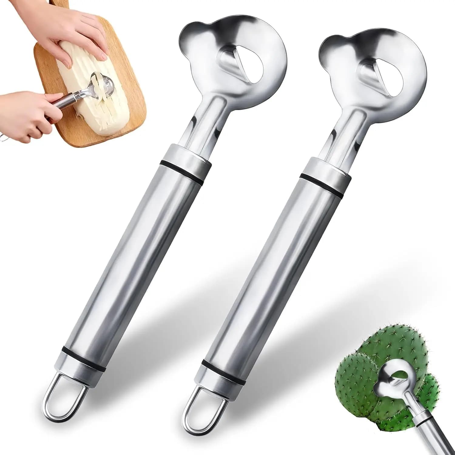 2 Pezzi Utensile Sbucciatore per Cactus, Cucchiaio, Coltello a Manico Lungo con Foro, Gadget da Cucina