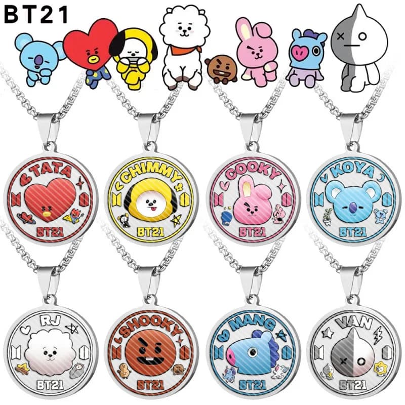Nuovo Prodotto BT21 Catena Rotonda in Acciaio Inossidabile con Stampa a Colori, Catena per Maglione in Acciaio al Titanio, Decorazione, Accessorio per Idol, Regalo di Compleanno