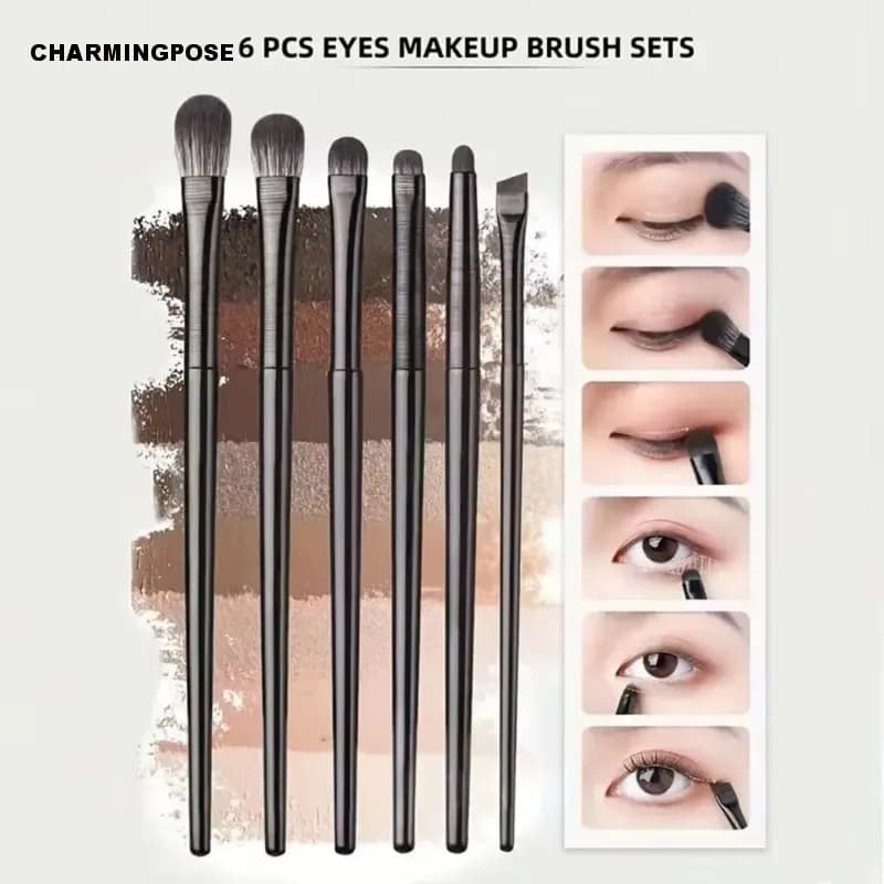 Set di pennelli per trucco occhi neri da 6 pezzi: pennelli per miscelazione, fodera, contorno e definitore di ombretti precisi per look professionali degli occhi