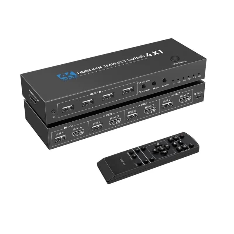 4x1 HDMI KVM Switcher 4K, Quad Multi Viewer 4 Laptops Share 1 Monitor Mouse Keyboard Hotkey Roaming
