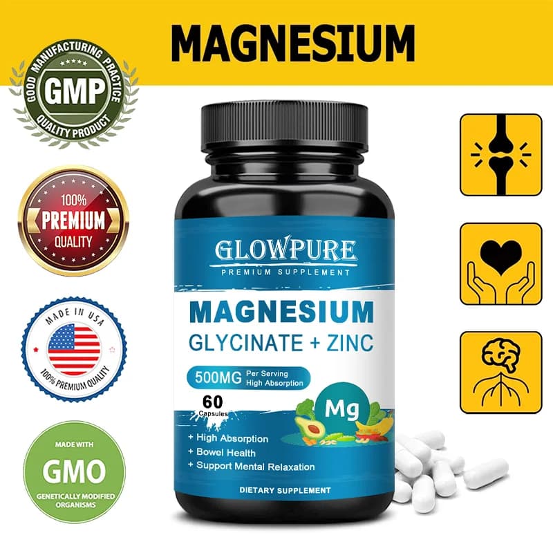 500 mg glycinate capsules for sleep, heart, nerve and bone support Natural healthy supplement with zinc vitamins D3 B6