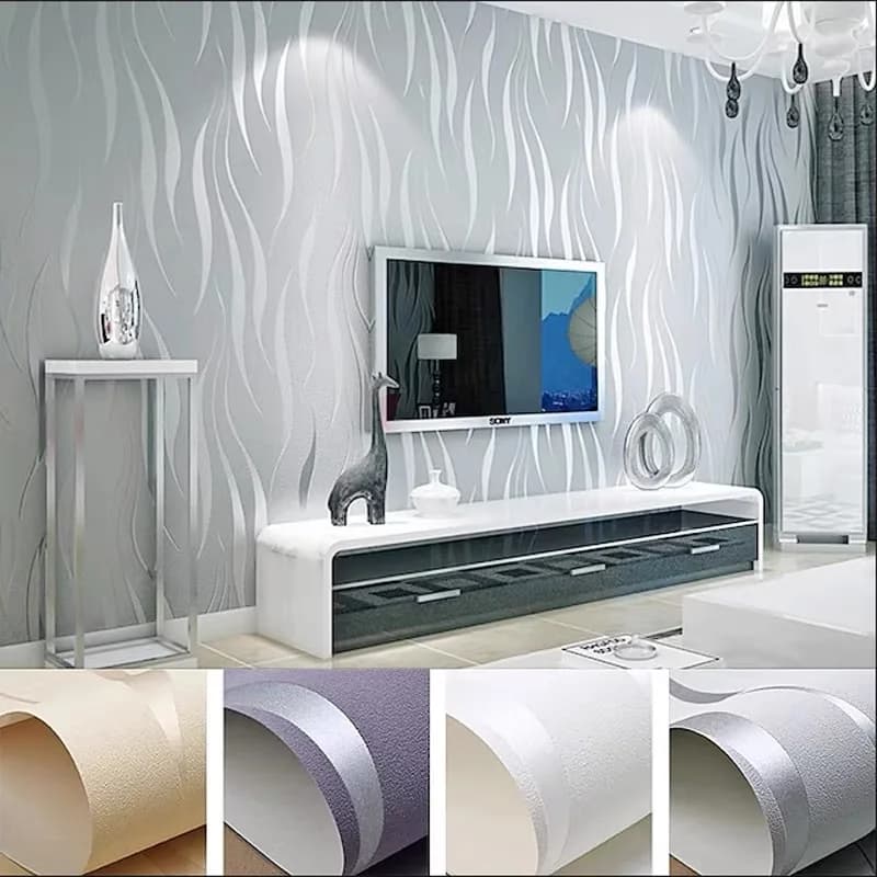 Carta da Parati con Strisce Geometriche e Texture Floccata, Design Moderno per Decorazione Pareti di Camera da Letto e Soggiorno