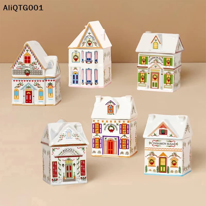 Mini set di barattoli di spezie per casa di pan di zenzero natalizia, decorazioni per la cucina festive del villaggio delle vacanze con candela da appoggio