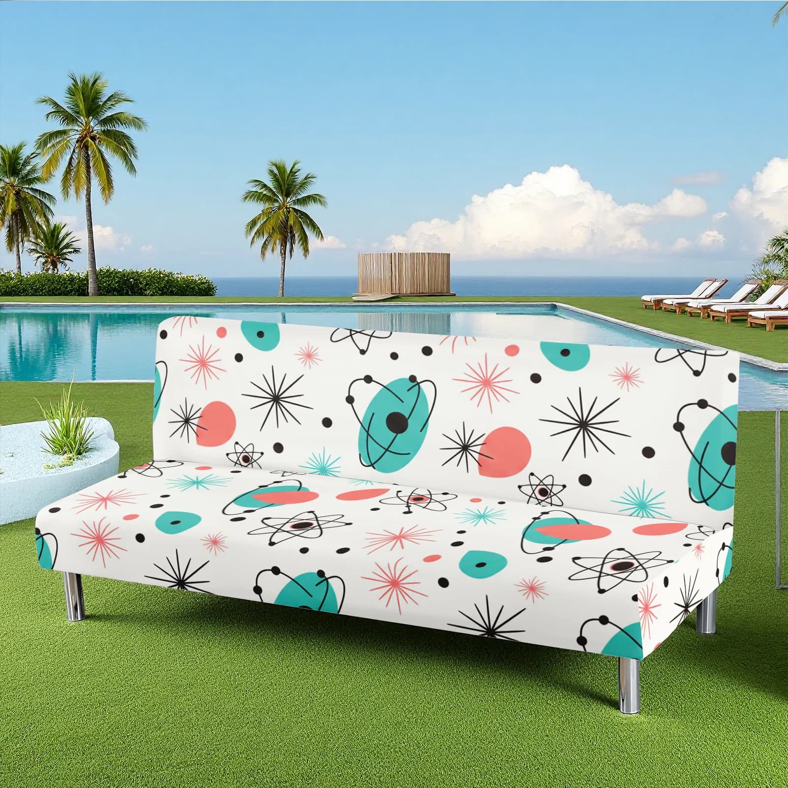 Copridivano Letto da Esterno Estivo con Stampa Atomico Stile Mid-Century, Fodera Elastica in Seta Latte, Adatto per Animali Domestici, Lavabile