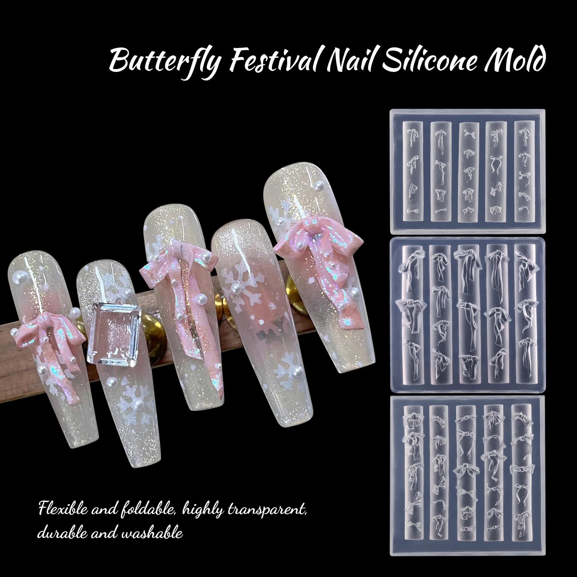 Stampo in Silicone per Nail Art con Fiocco a Nastro, Motivo a Fiocco Cartoon, Decorazioni per Unghie, Stampo per Riempimento Smalto, Design in Rilievo per Manicure