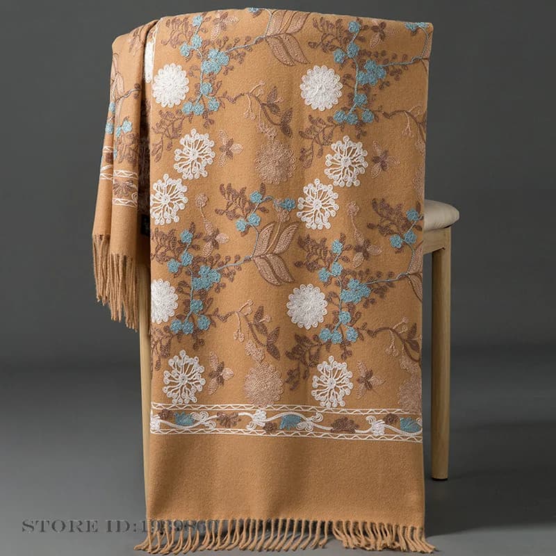 Women's Cashmere Pashmina Scarf Wrap Embroidery Floral Long Shawl Cape Blanket Bufanda Travel Thick Warm Scarves Echarpe Shawl