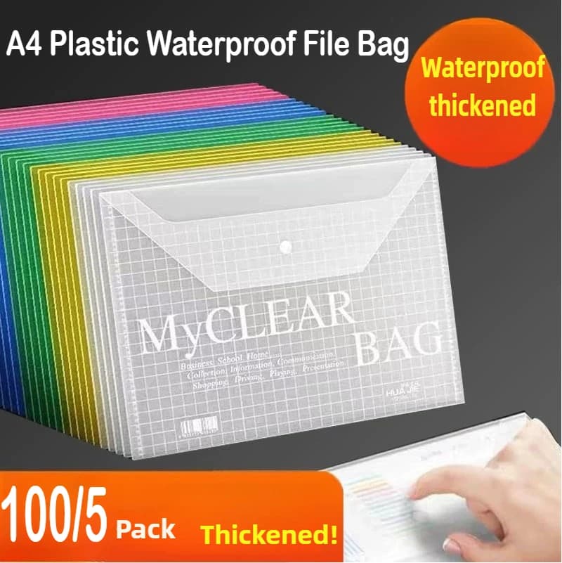100/5 pezzi A4 sacchetto di file in plastica informazioni cartelle tascabili documenti trasparenti archiviazione sacchetto di immagazzinaggio materiale scolastico di cancelleria
