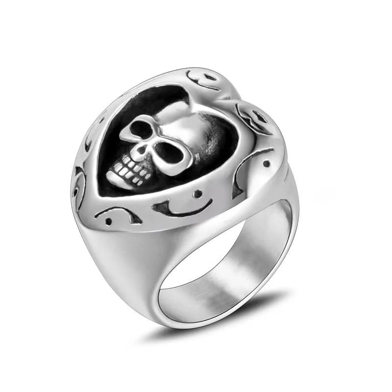 Gioielli vintage, anello con teschio a forma di cuore personalizzato in acciaio al titanio, anello da uomo di Halloween SA496