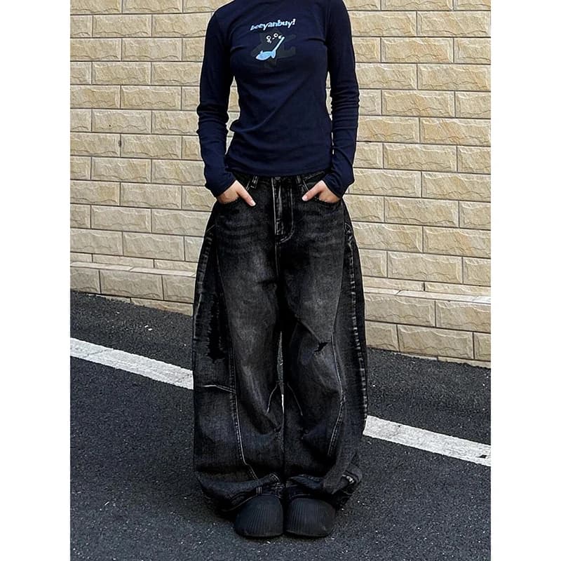 ZHIZOU Donna Tomboy Dark Academia Baggy Vita bassa Mamma Jean Giapponese Y2K Harajuku Denim Pantaloni a gamba larga Anni 2000 Cyber Punk Grunge