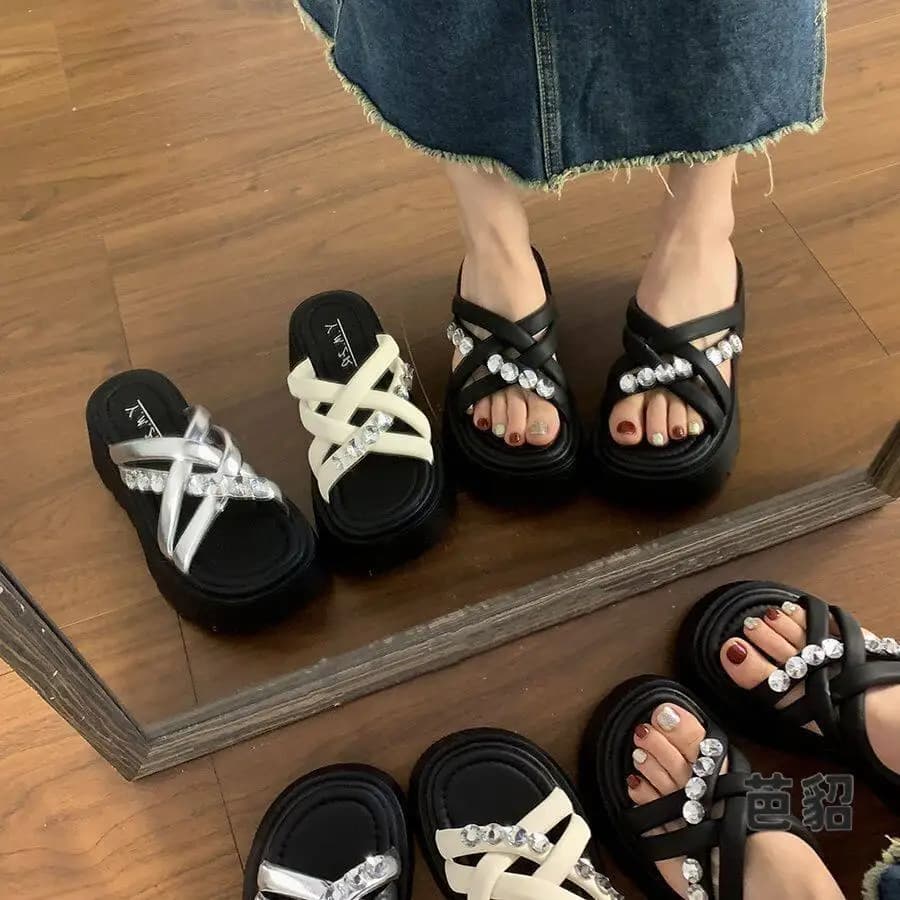 Comfortable Slip-On Thick-Heeled Outdoor Slippers Fairy Style Summer Trendy Women's Anti-Slip Slippers Home Cotton Fabric