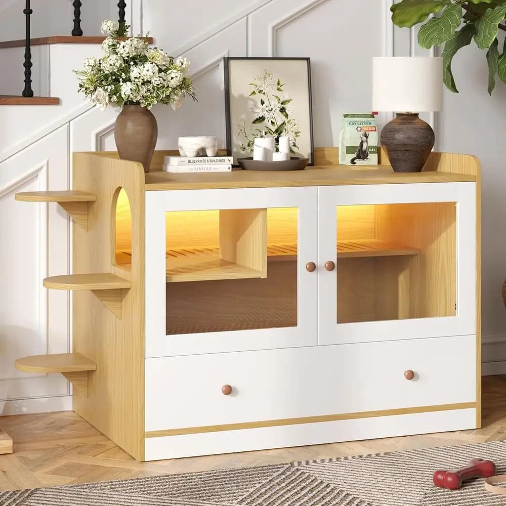 43 Cat Litter Box Enclosure with Cover and Stairs, Wooden Pet Washroom or Bedroom, Natural & White Finish, Side Table Living Roo