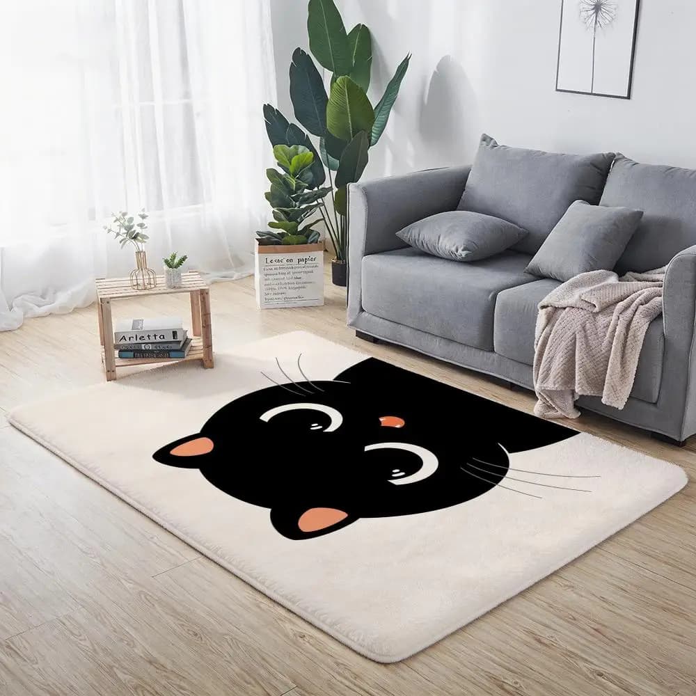 Tappetino da Pavimento con Gatto Nero Cartoon Carino, Stile Kawaii, in Flanella Ecologica, Antiscivolo, Inodore, Morbido, a Pelo Corto, per Interni