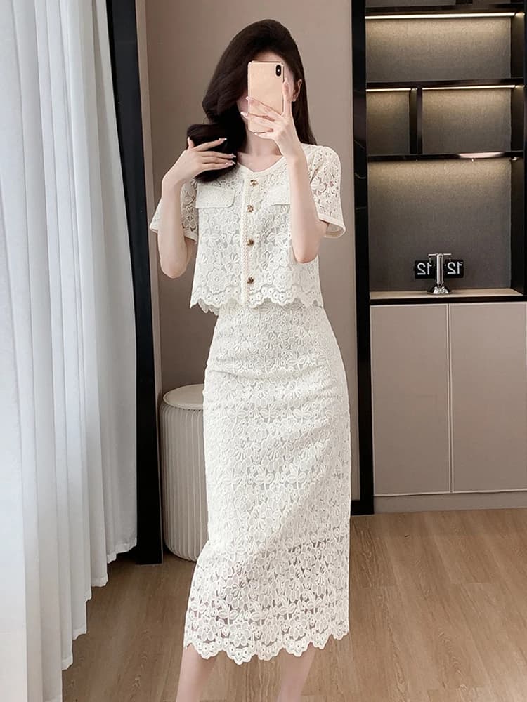 Summer Women Elegant Lace Floral 2 Piece Set Short Sleeve Tops Shirt And High Waist Midi Skirt Outfit Formal Work Casual Daily