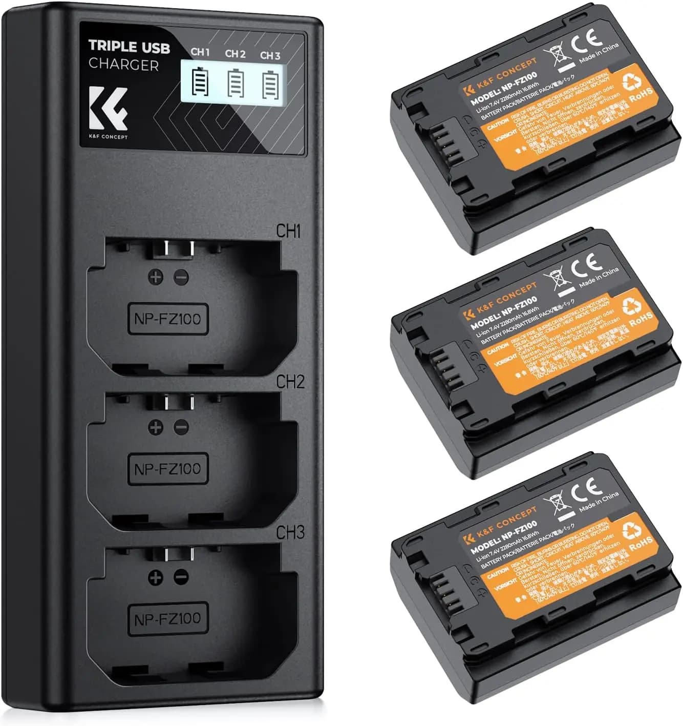 Set of 3 NP-FZ100 Batteries and LCD Camera Charger Sony A7iii, A7iv, FX3, A9, A6600, ZV-E1 - 2280mAh