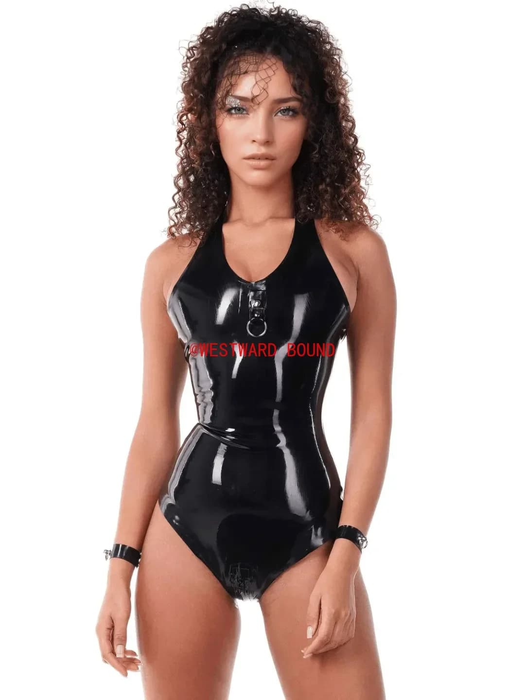 sexy black latex halter bodysuit ring detail at front neckline sleeveless rubber material design clubwear fetish customized